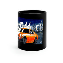 Load image into Gallery viewer, Morning Oil black mug with orange Datsun 240Z artwork