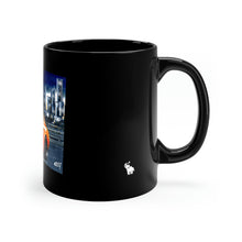 Load image into Gallery viewer, Handle-side view of the black Morning Oil coffee mug