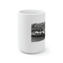 Load image into Gallery viewer, Cup Racer white mug with black-and-white Datsun racing artwork